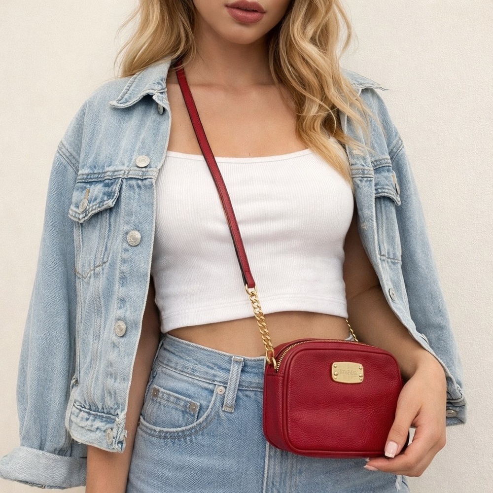 Michael Kors Red Leather Mini Crossbody Chainlink Bag